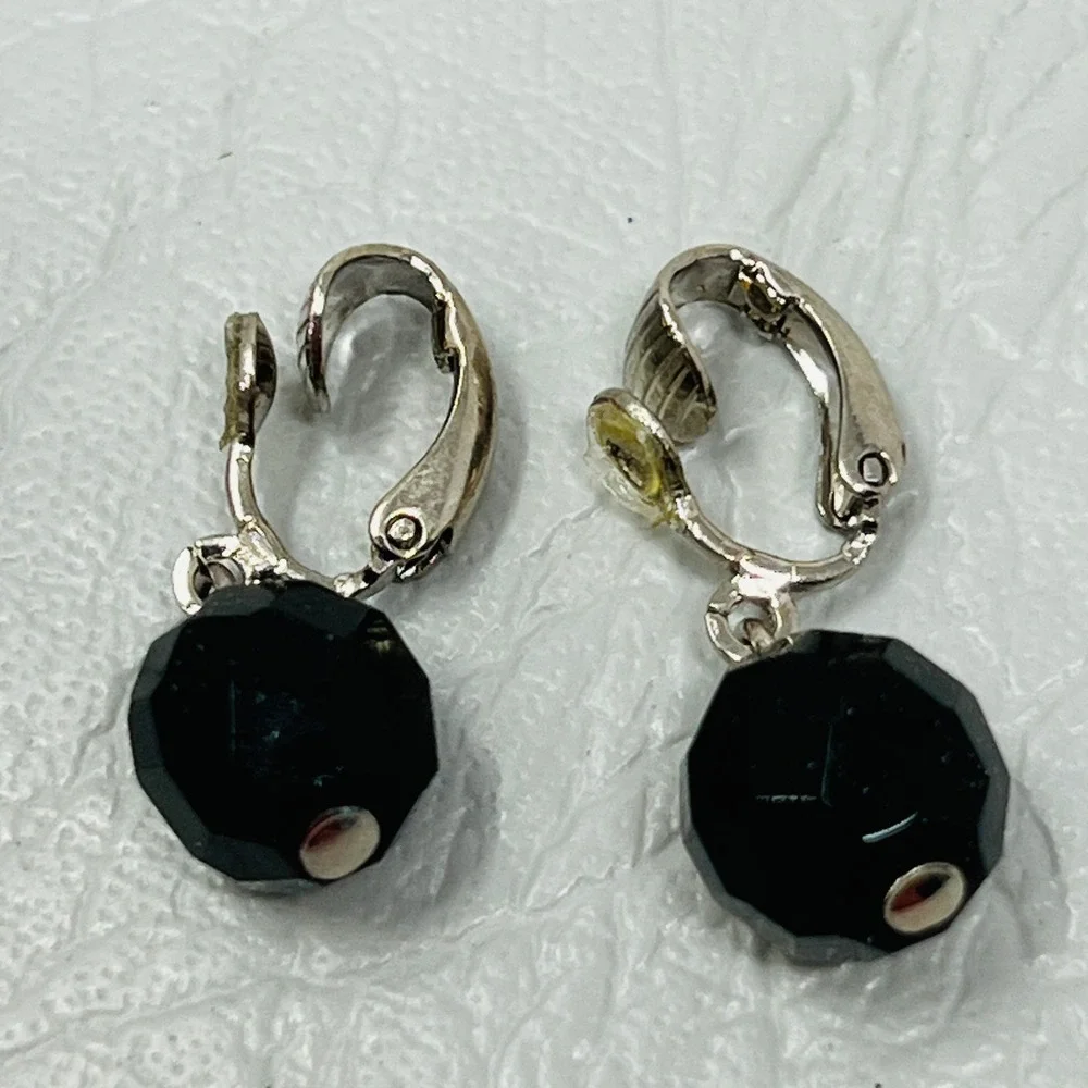 Black Faceted Bead Clip-On Earrings‎ Silver Tone Dangle Minimalist